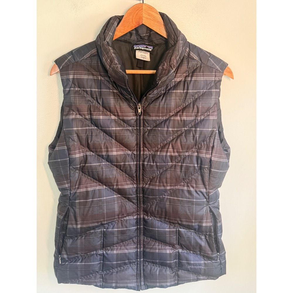 Patagonia Down With It Vest Womens Large Black Plaid Puffer Goose Down 28395F0